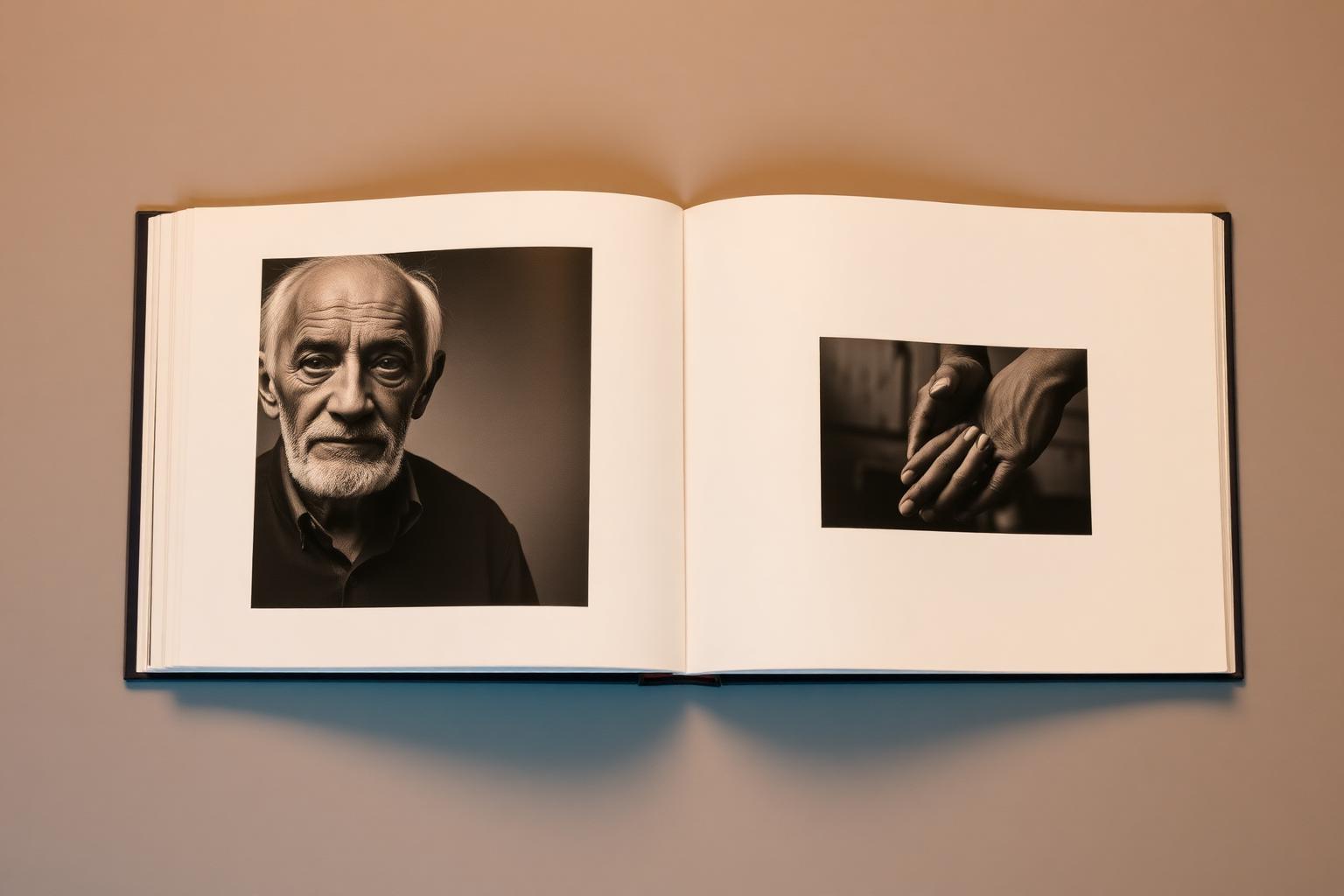 Book spread on pages 134 and 135, photographed flat: a portrait on the left page facing a close photograph of held hands on the right.