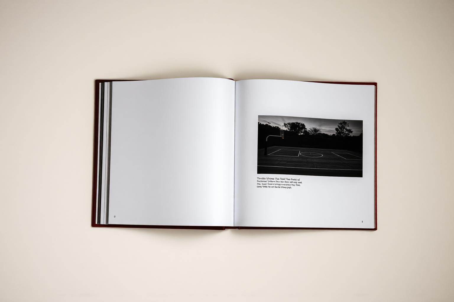 Book spread on pages 178 and 179, photographed flat: the closing photograph of a basketball court at dusk with a caption beneath it.