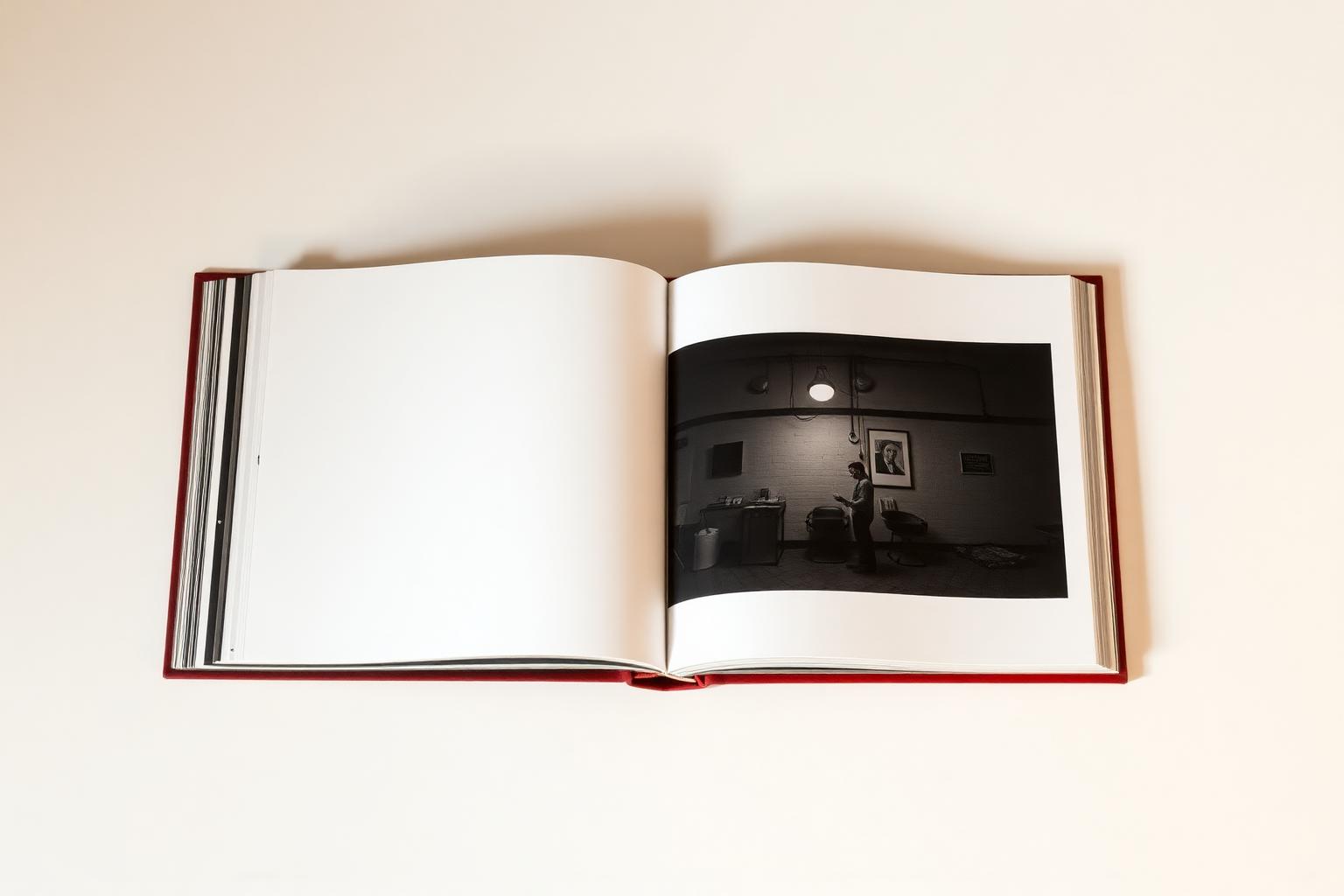 Book spread on pages 68 and 69, photographed flat: an empty left page facing a barbershop interior on the right.