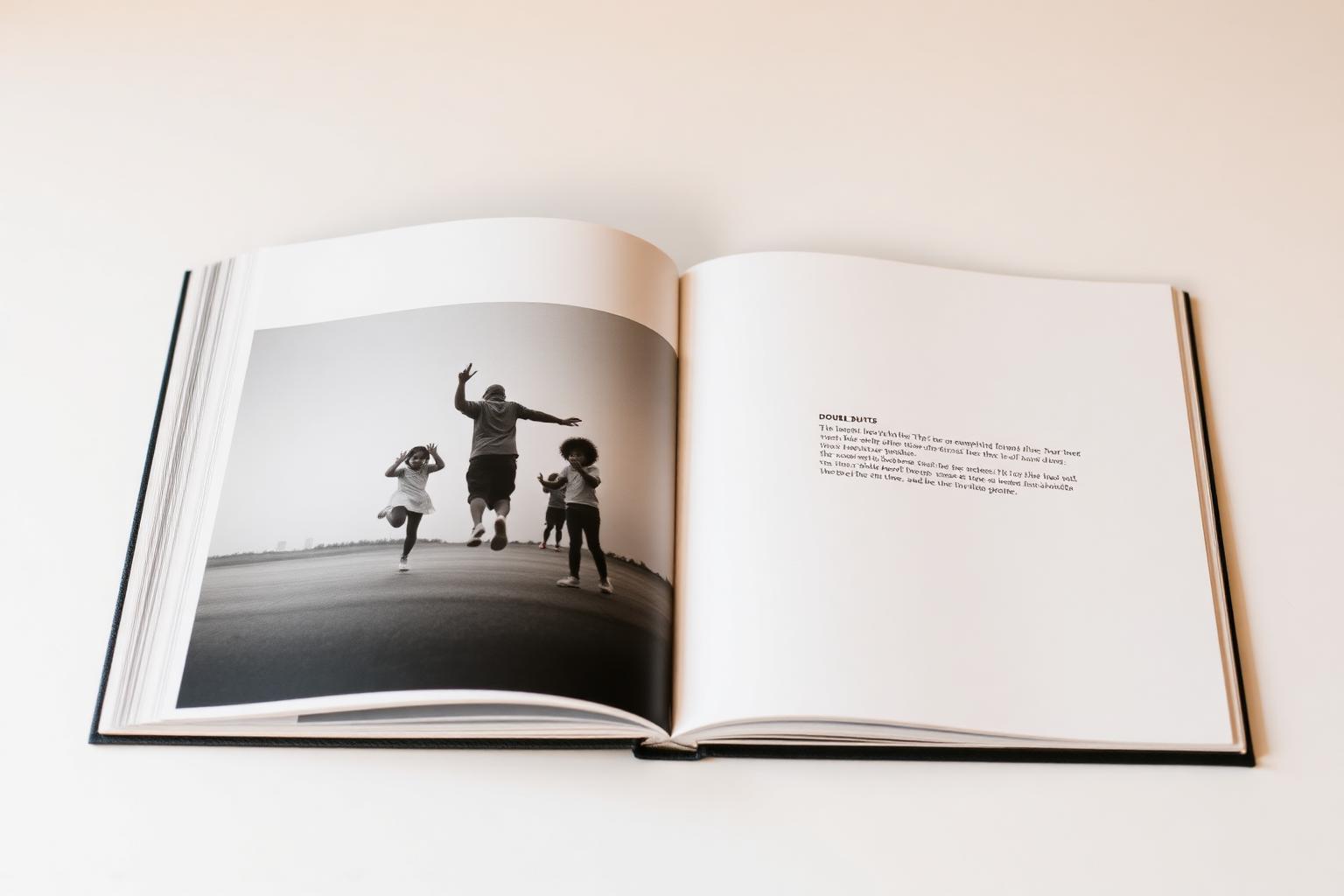 Book spread on pages 46 and 47, photographed flat: children playing double dutch runs full-bleed on the left page, with a short caption on the right.